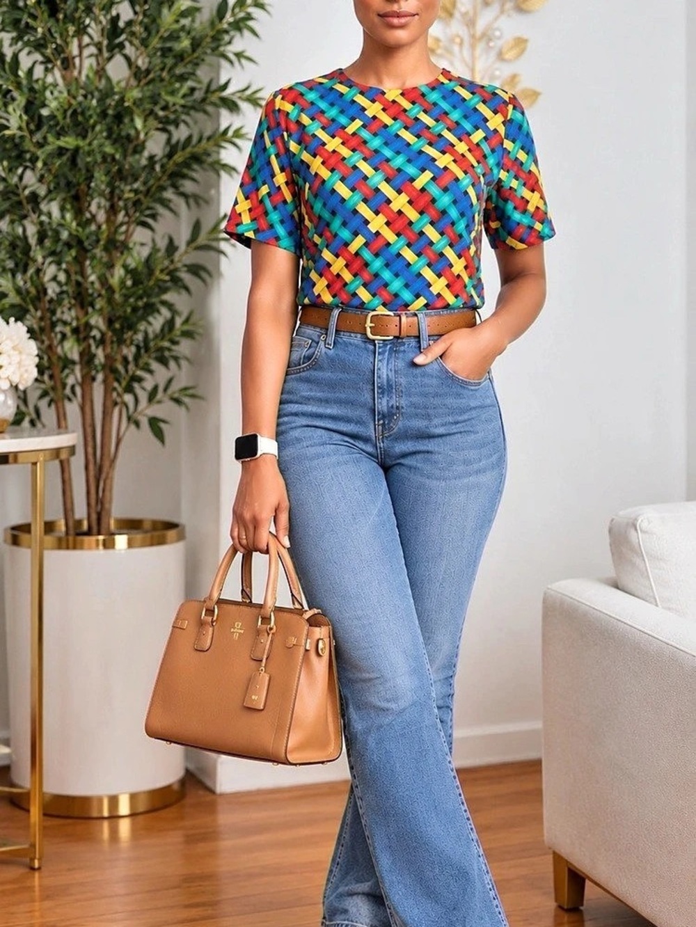 K.C. Studio Multicolor Geometric Short Sleeve Top